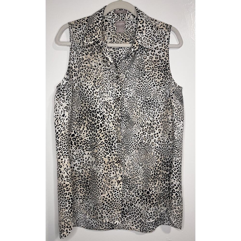 Chico’s Top Linen Size 12 14 Petite Leopard Print Button Up